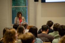 Sallie Hughes lectures to faculty and students at Williams Hall, Global Commons.